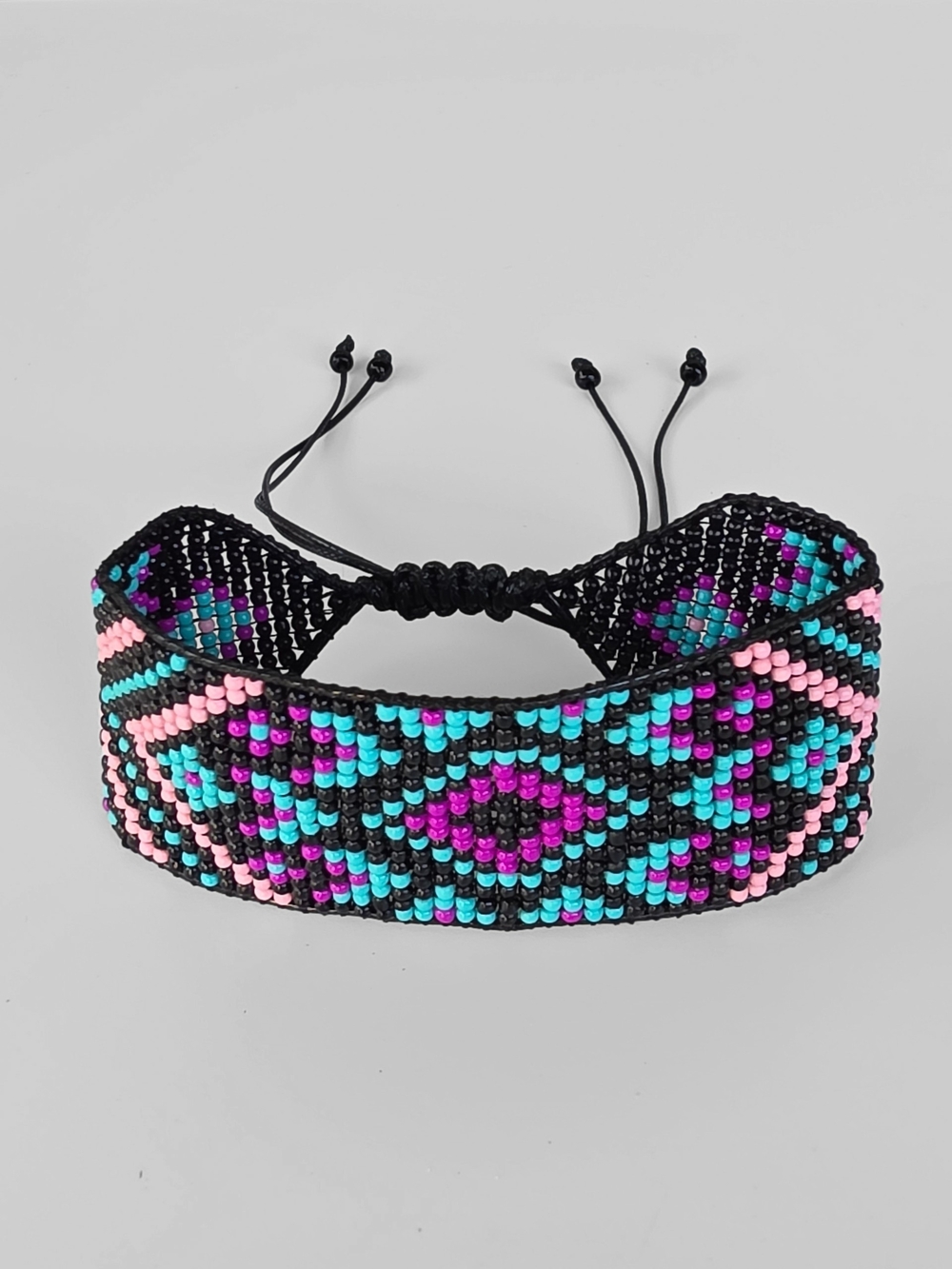 Handmade Loom Woven Seed Bead Cuff Bracelet Southwestern Geo -  Pink Blue